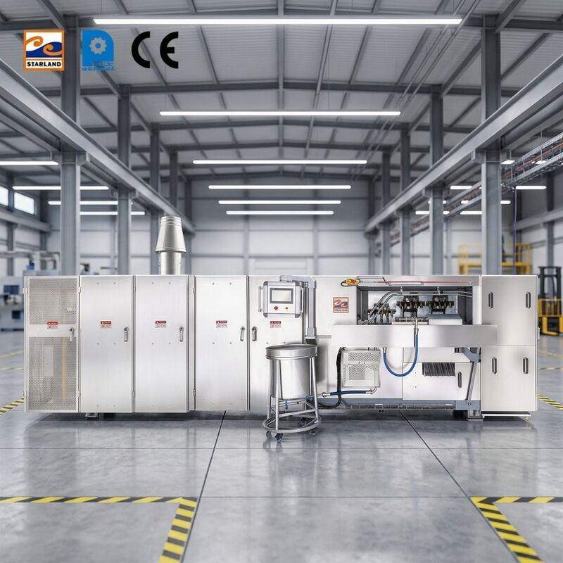 Linha de produção automática de cone de wafer com controle de temperatura de exibição digital e sistema de controle PLC para produção consistente